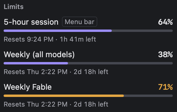 Limits: 5-hour session 64%, weekly (all models) 38%, weekly Fable 71%